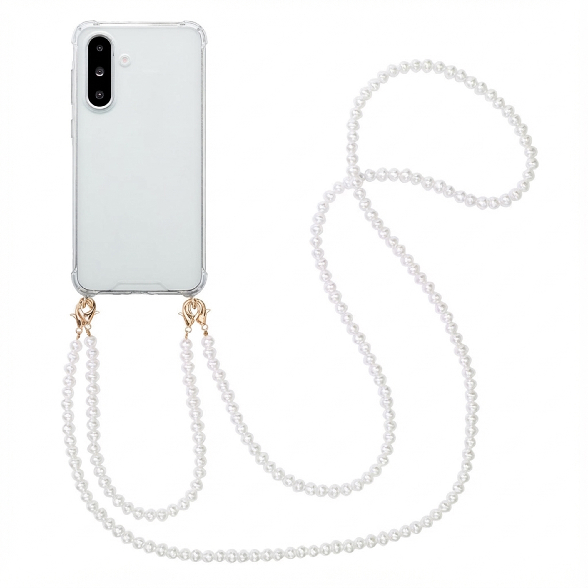 Een doorzichtige telefoonhoes met een parelketting.