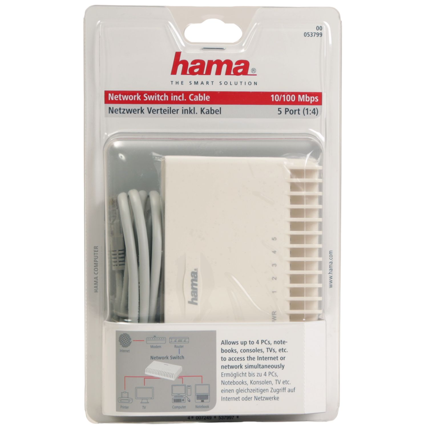 Hama Netzwerkverteiler mit 5 Ports, inkl. Kabel, 10/100 Mbps.