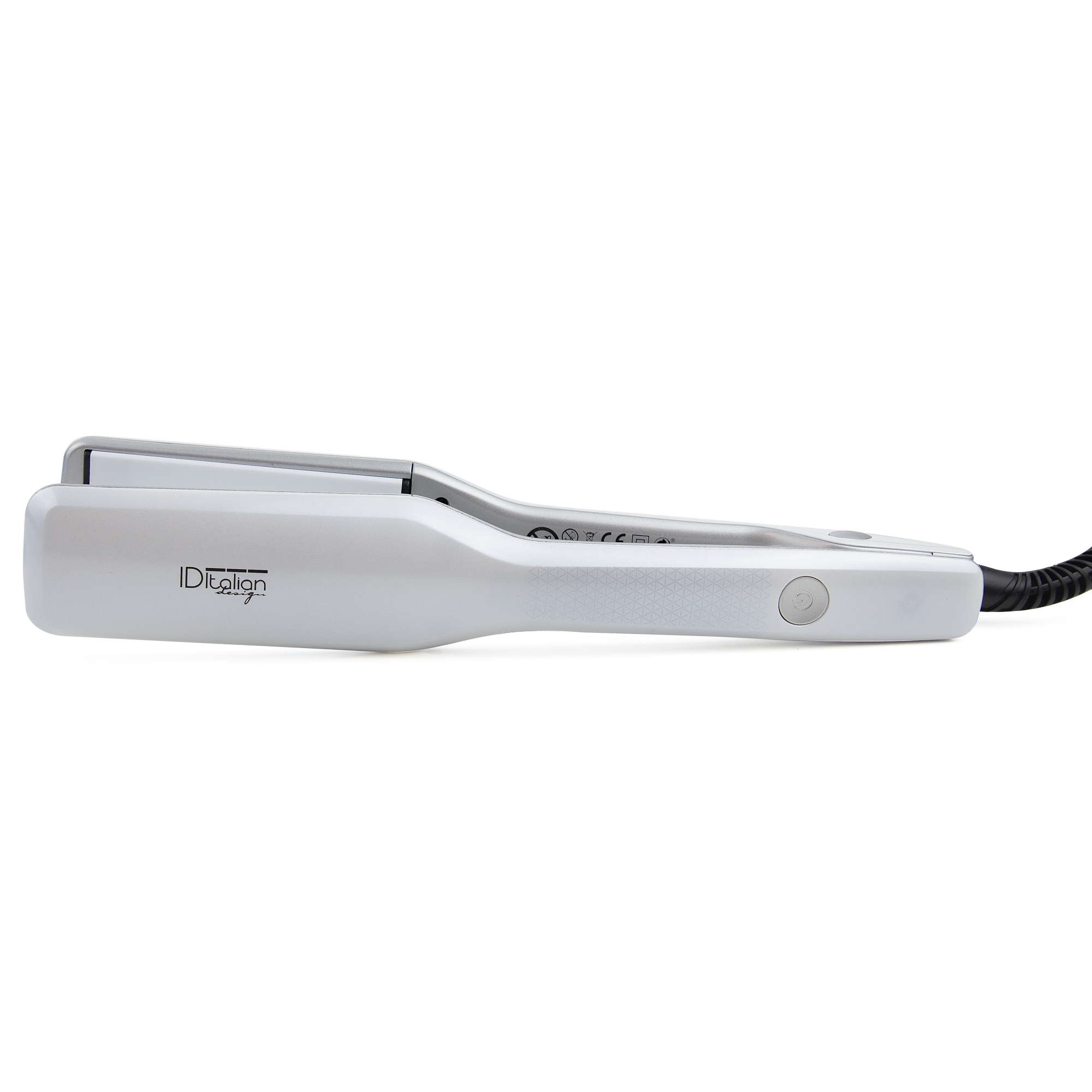Biała prostownica do włosów z logo IDItalian Design na rączce.