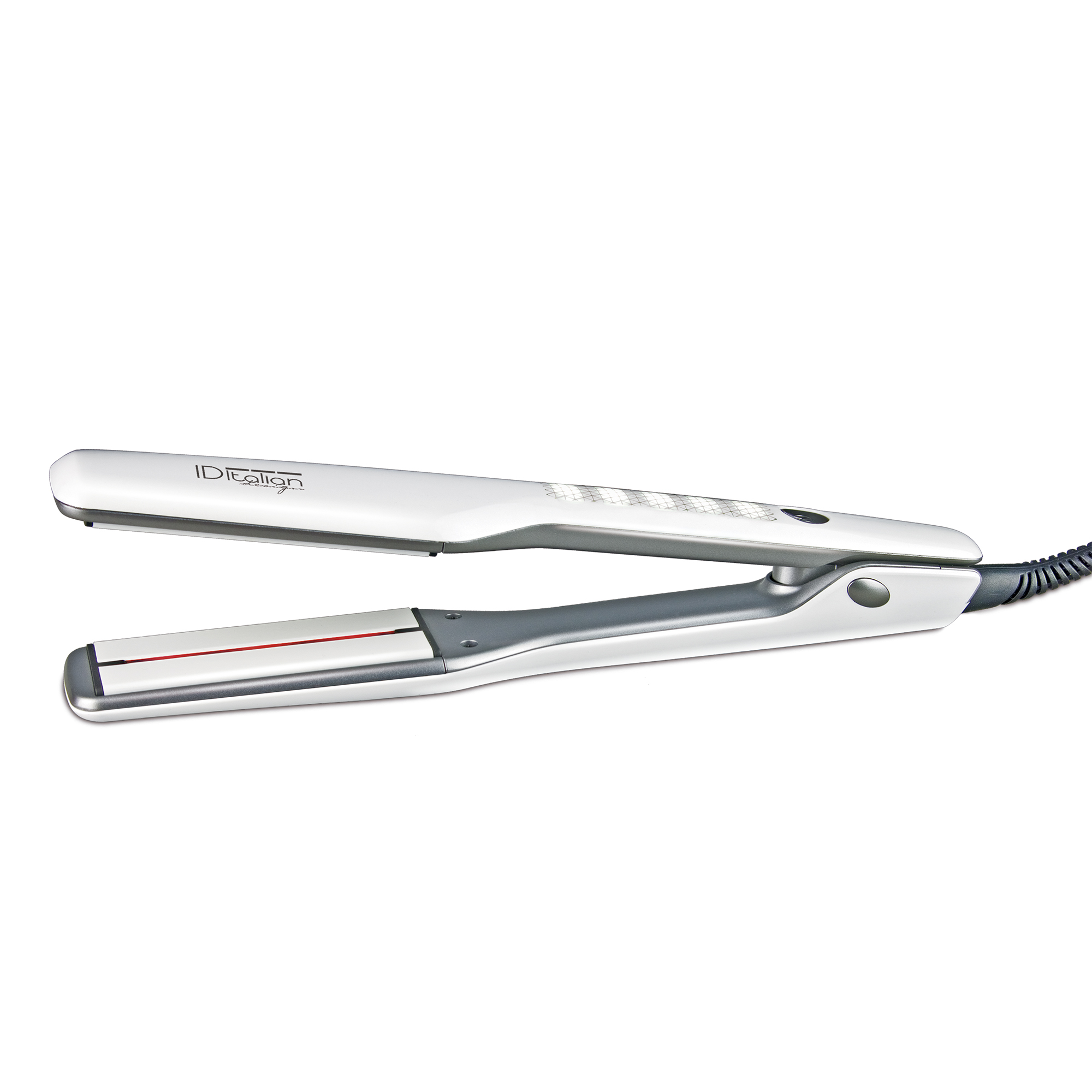 Biała prostownica do włosów z srebrnymi akcentami i czerwoną linią na płycie grzewczej.