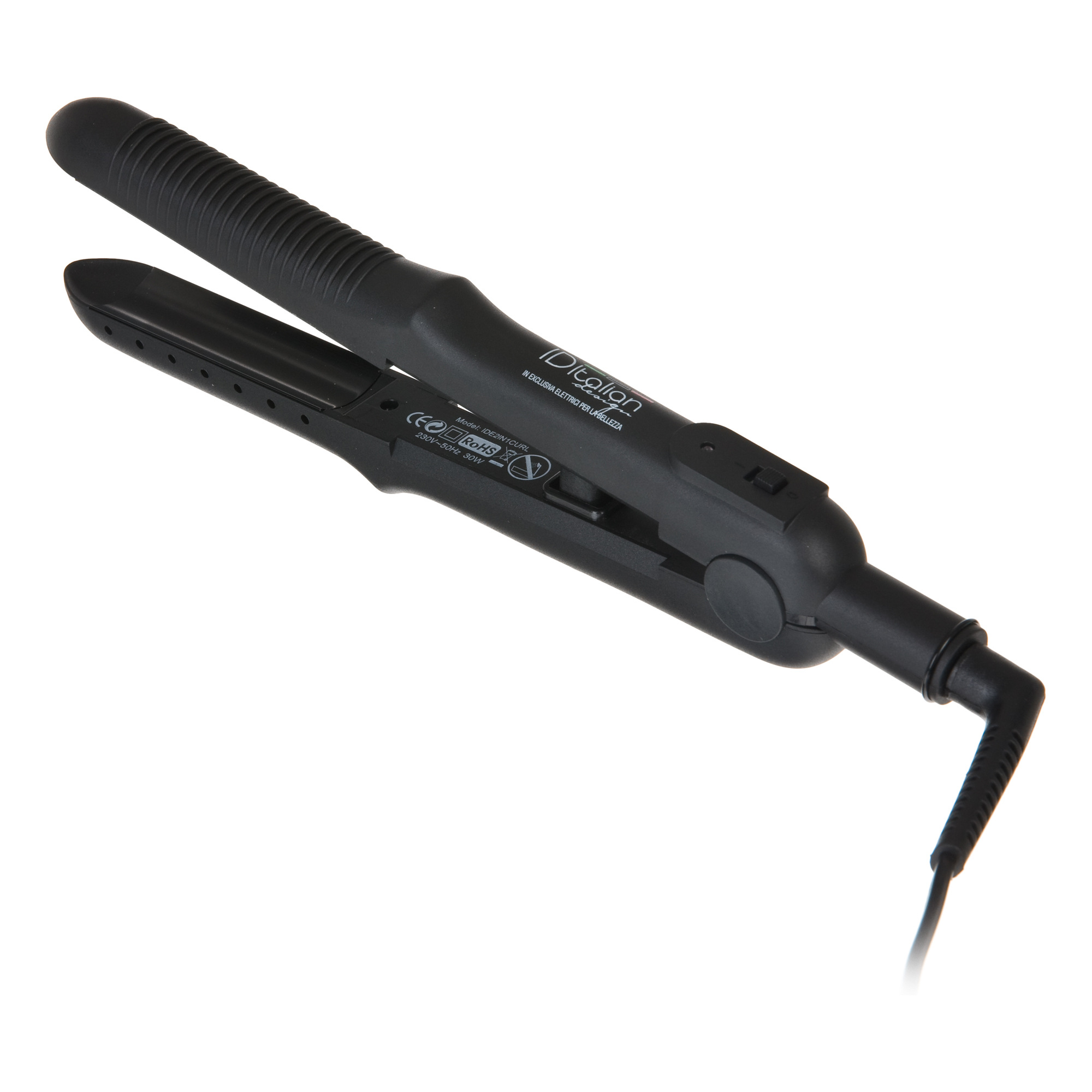 Czarna prostownica z ryflowanym uchwytem i kablem zasilającym.