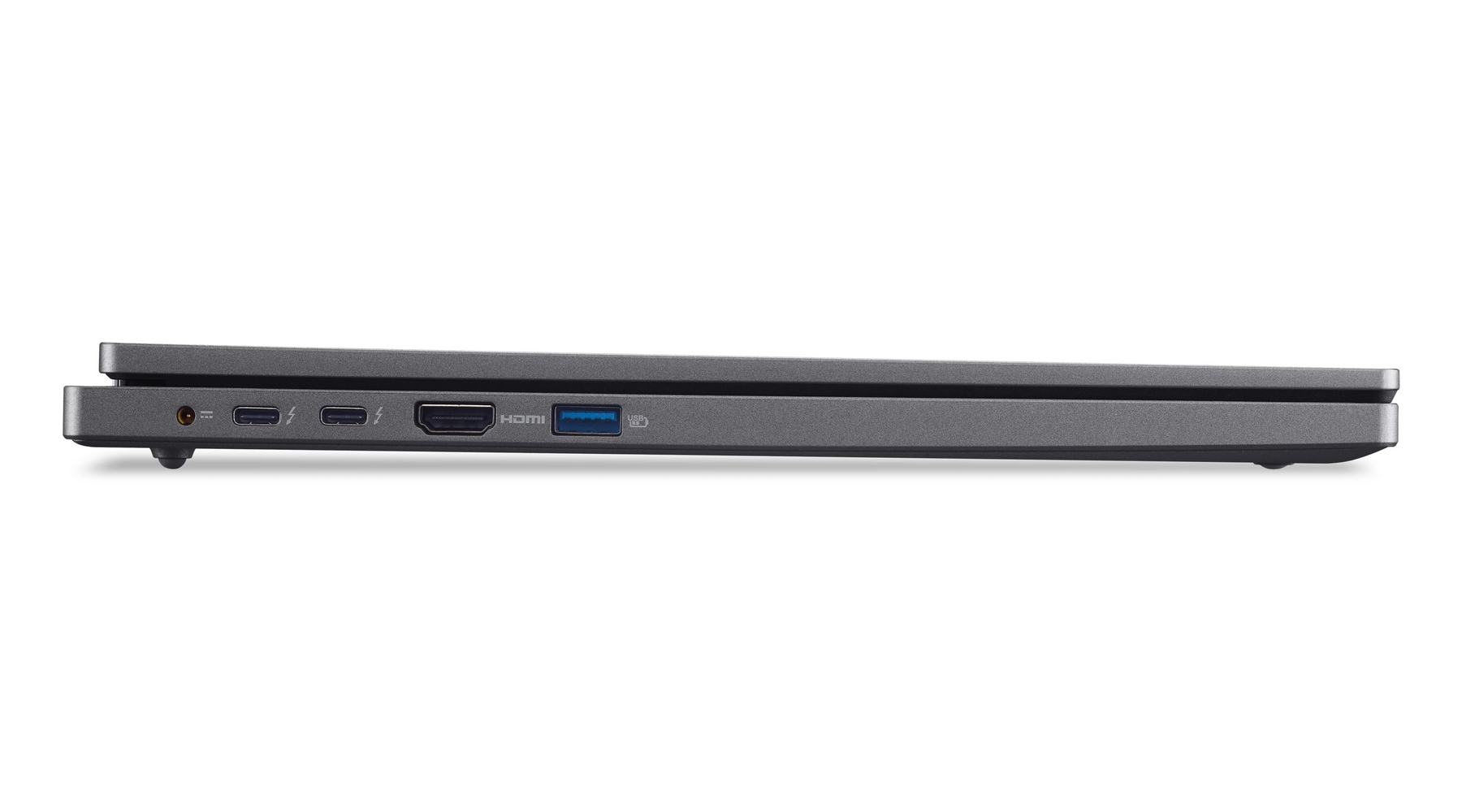 Perfil lateral de portátil gris con puertos: audio, 2x Thunderbolt, HDMI, USB.