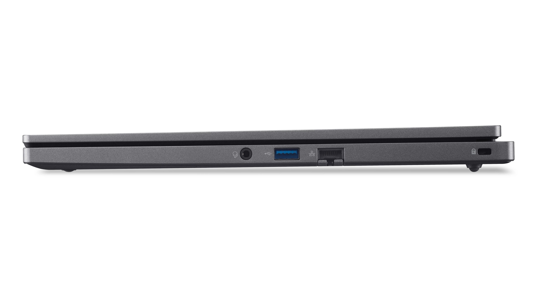Perfil de portátil gris mostrando puertos: auriculares, USB-A, Ethernet y bloqueo seguridad.