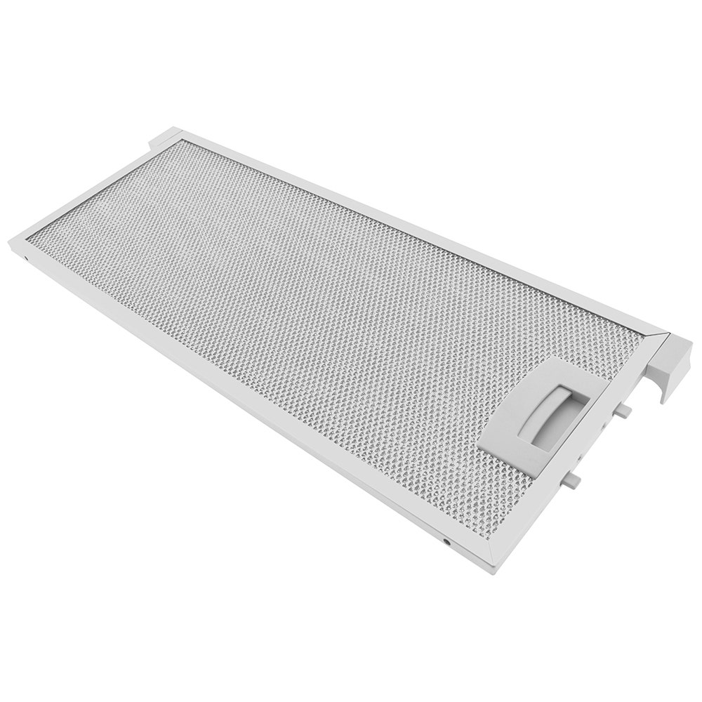 Ein schmaler, rechteckiger Metallfilter mit einem Gittermuster und einem Griff.