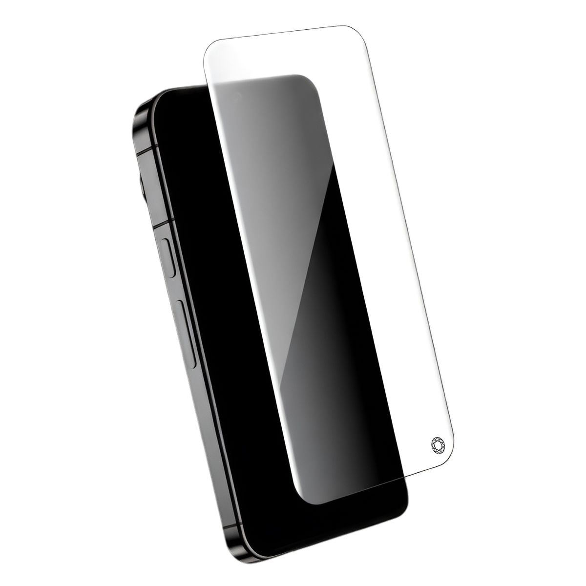 Een zwarte smartphone met een doorzichtige screenprotector er lichtjes naast geplaatst.