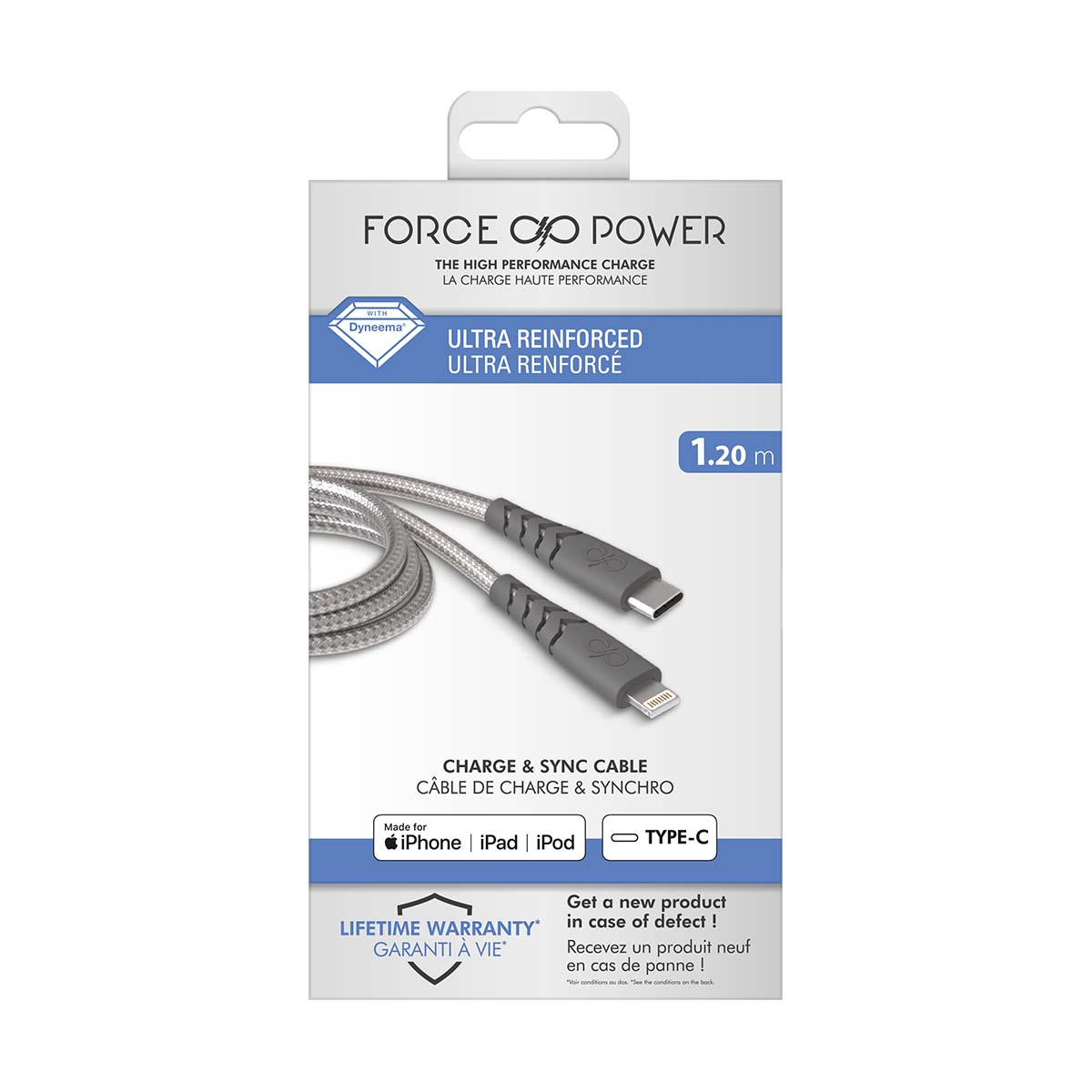 Verpackung für ein 1,20m langes FORCE & POWER Lade-/Sync-Kabel aus Dyneema.