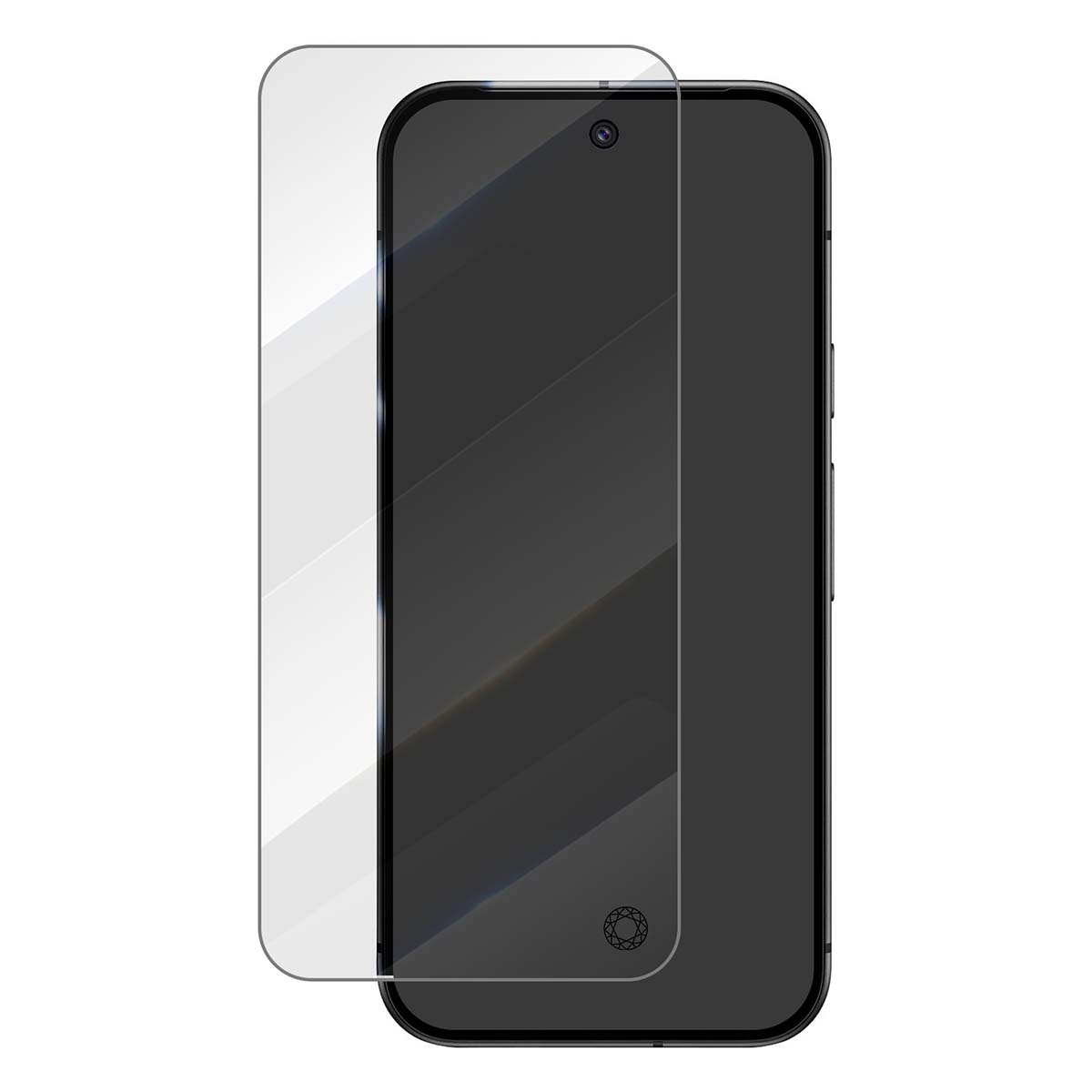 Een screenprotector ligt op een donkere smartphone.