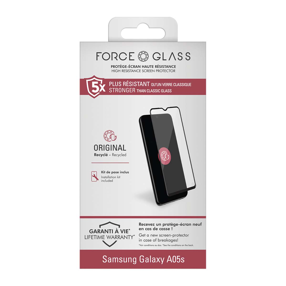 Confezione pellicola protettiva FORCE GLASS, 5x più resistente, per Samsung Galaxy A05s.