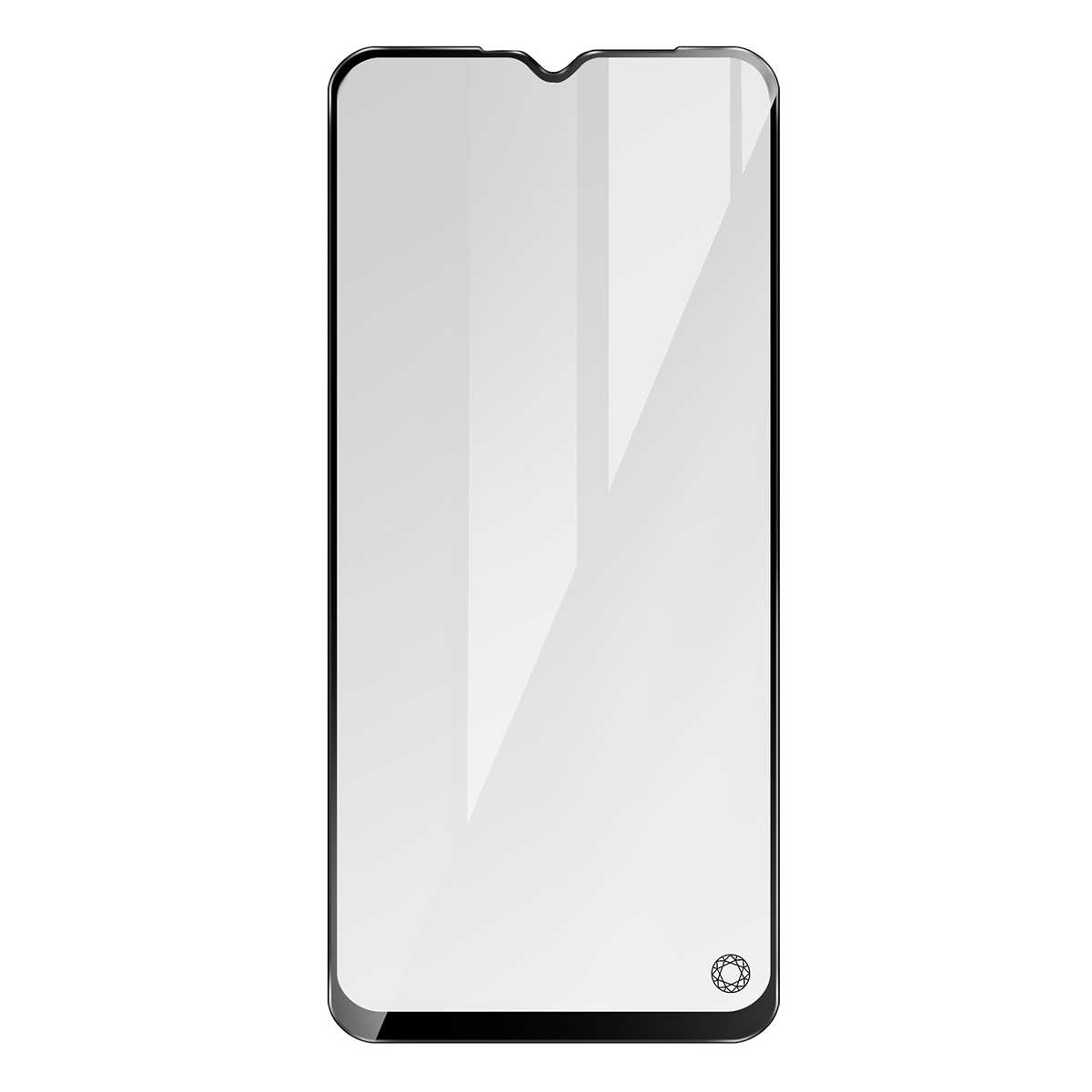 Een zwarte screenprotector met inkeping bovenaan en een klein icoontje onderaan.