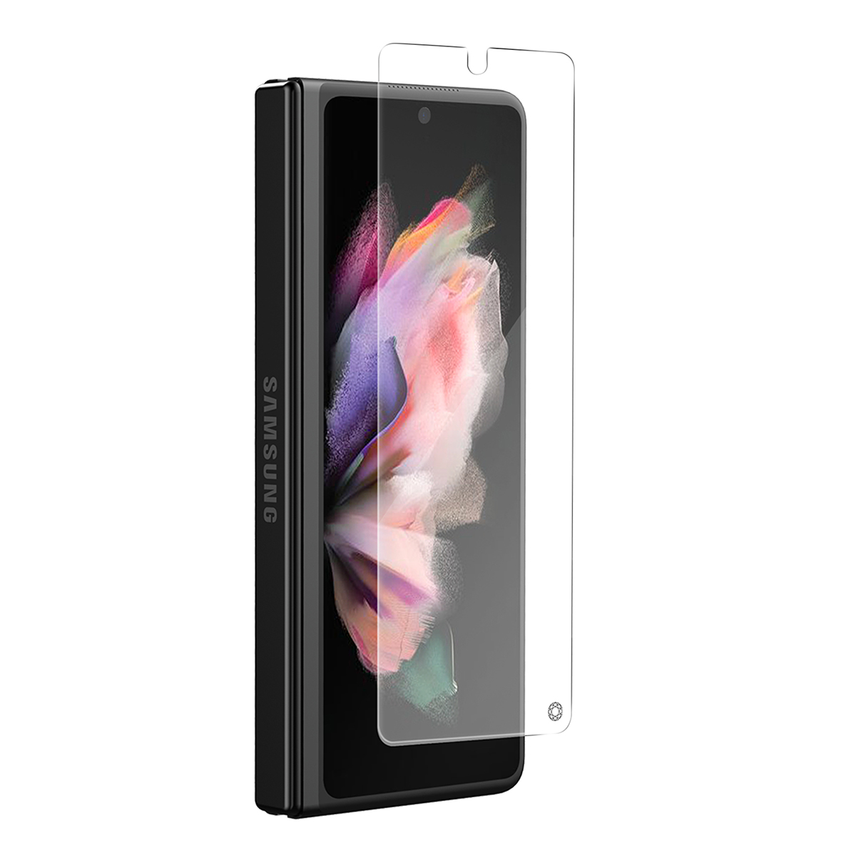 Uno smartphone Samsung verticale, schermo aperto, con pellicola protettiva.