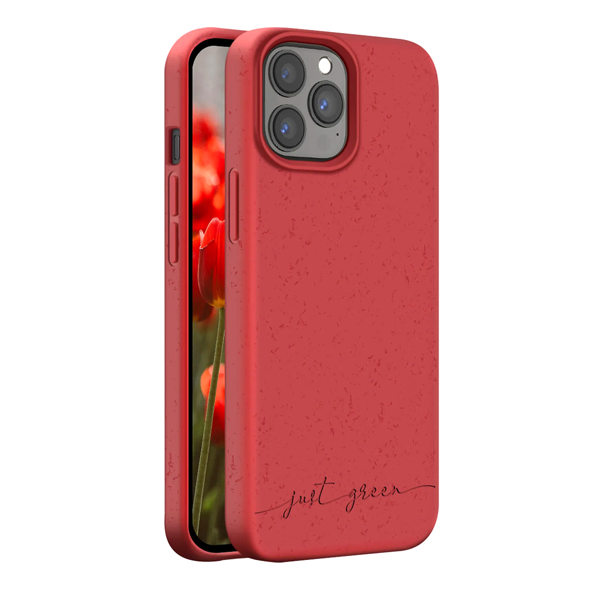 Cover rossa per telefono con tre fotocamere posteriori. Testo "just green" visibile.