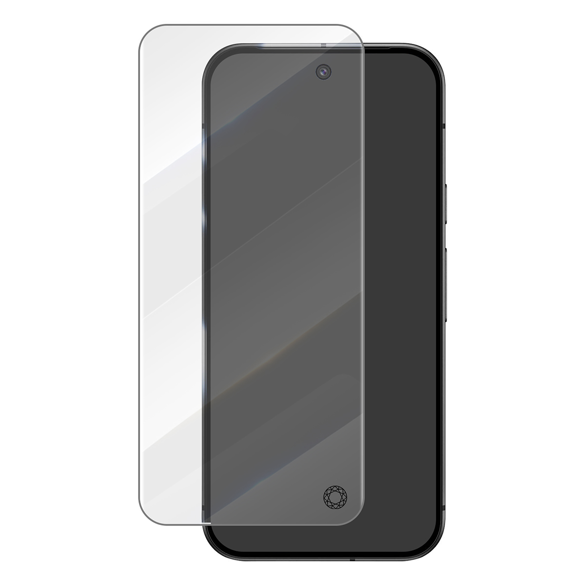 Un protecteur d'écran transparent repose sur un smartphone sombre.