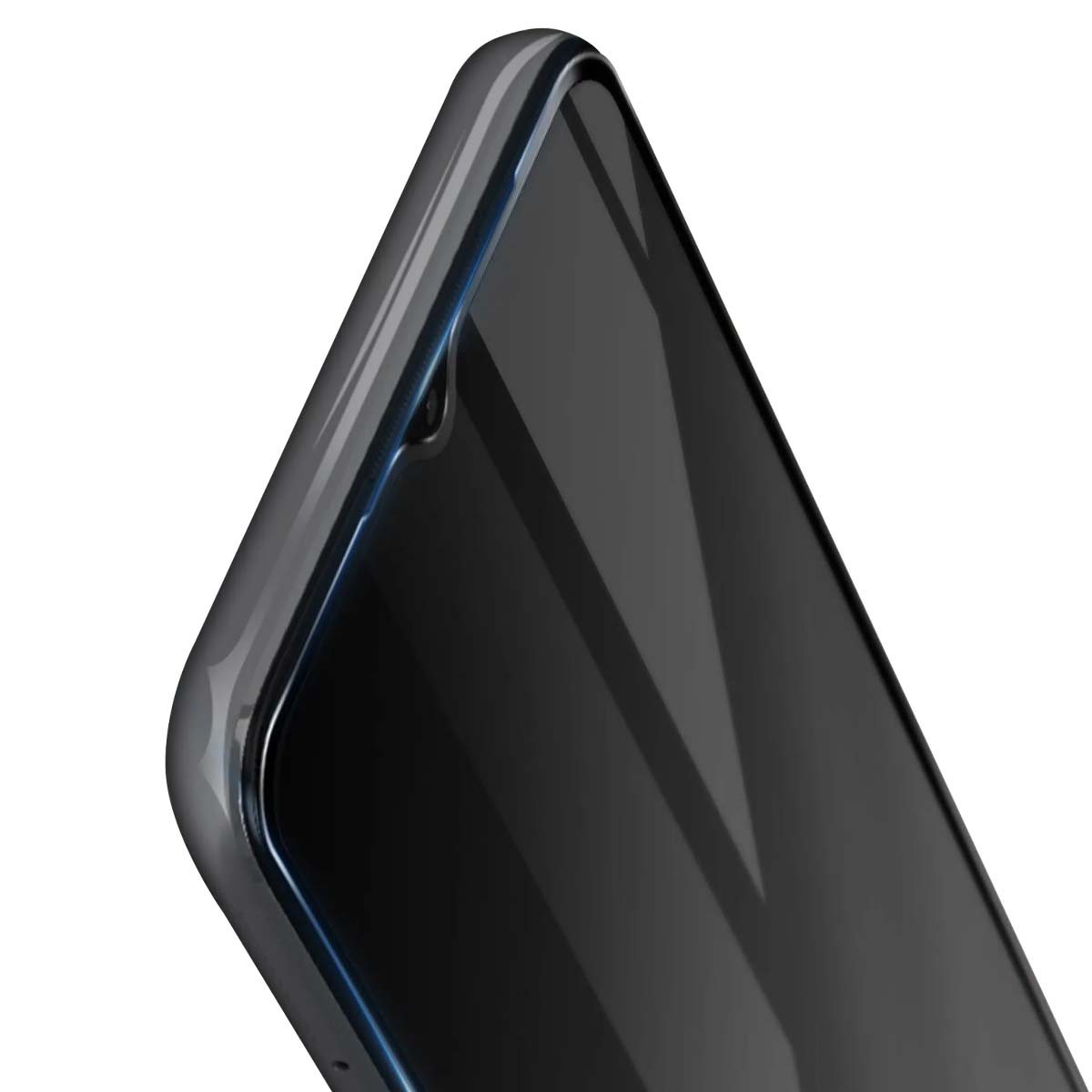 Close-up van een donkere telefoonhoes met blauwe rand.