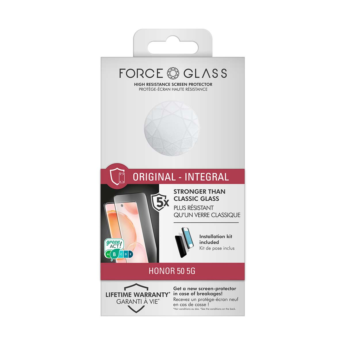 FORCE GLASS screenprotector verpakking voor HONOR 50 5G, met garantie.