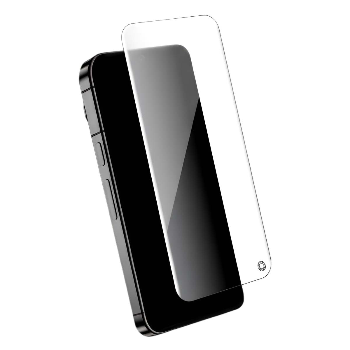 Un smartphone noir avec un protecteur d'écran posé dessus.