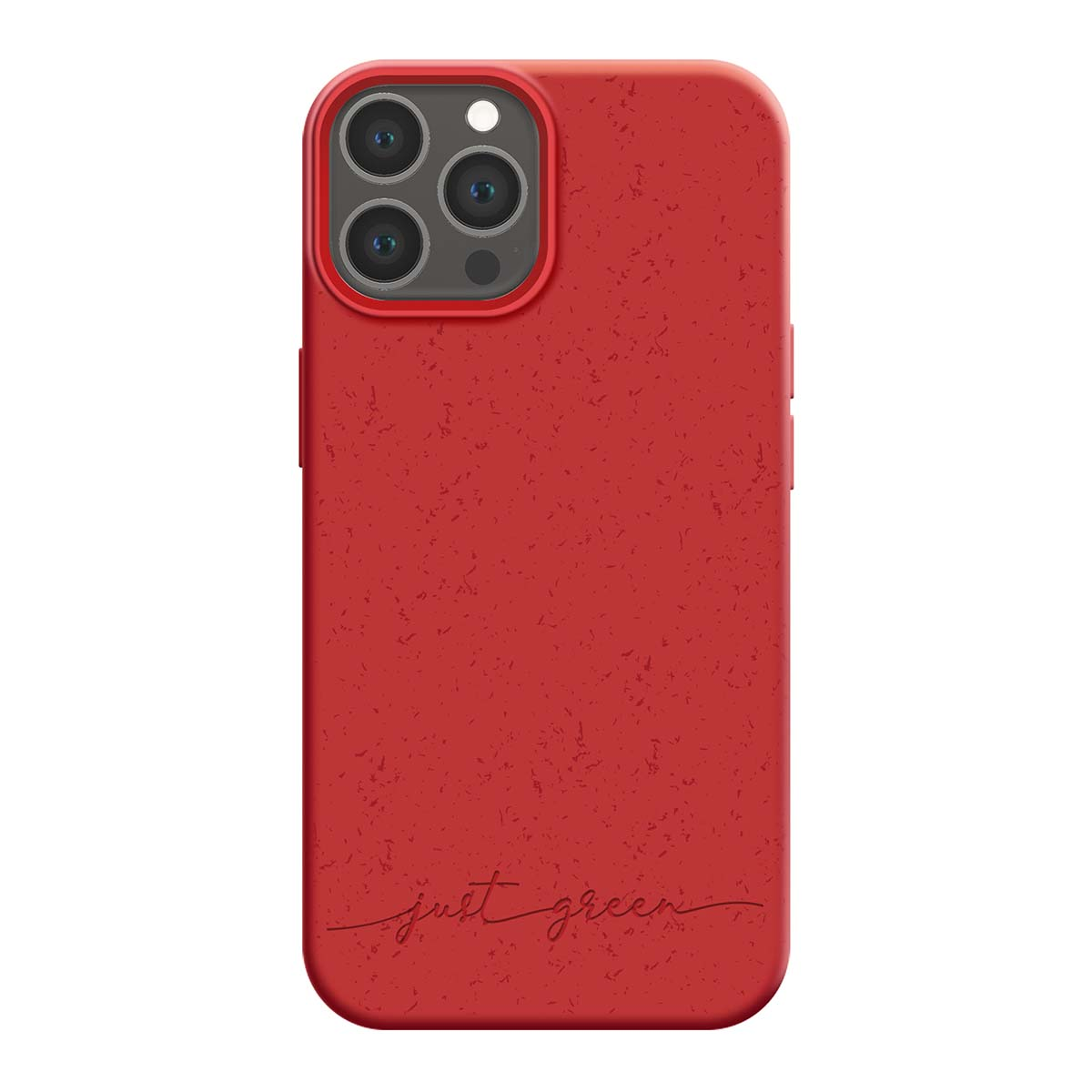 Custodia rossa per telefono con foro fotocamera e testo 'just green'.