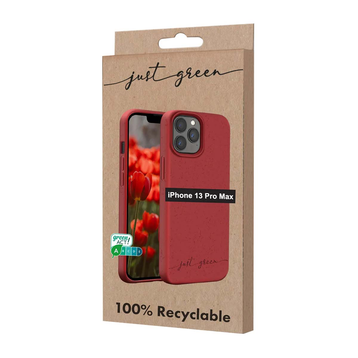 Custodia rossa per iPhone 13 Pro Max su confezione riciclabile con fiori.
