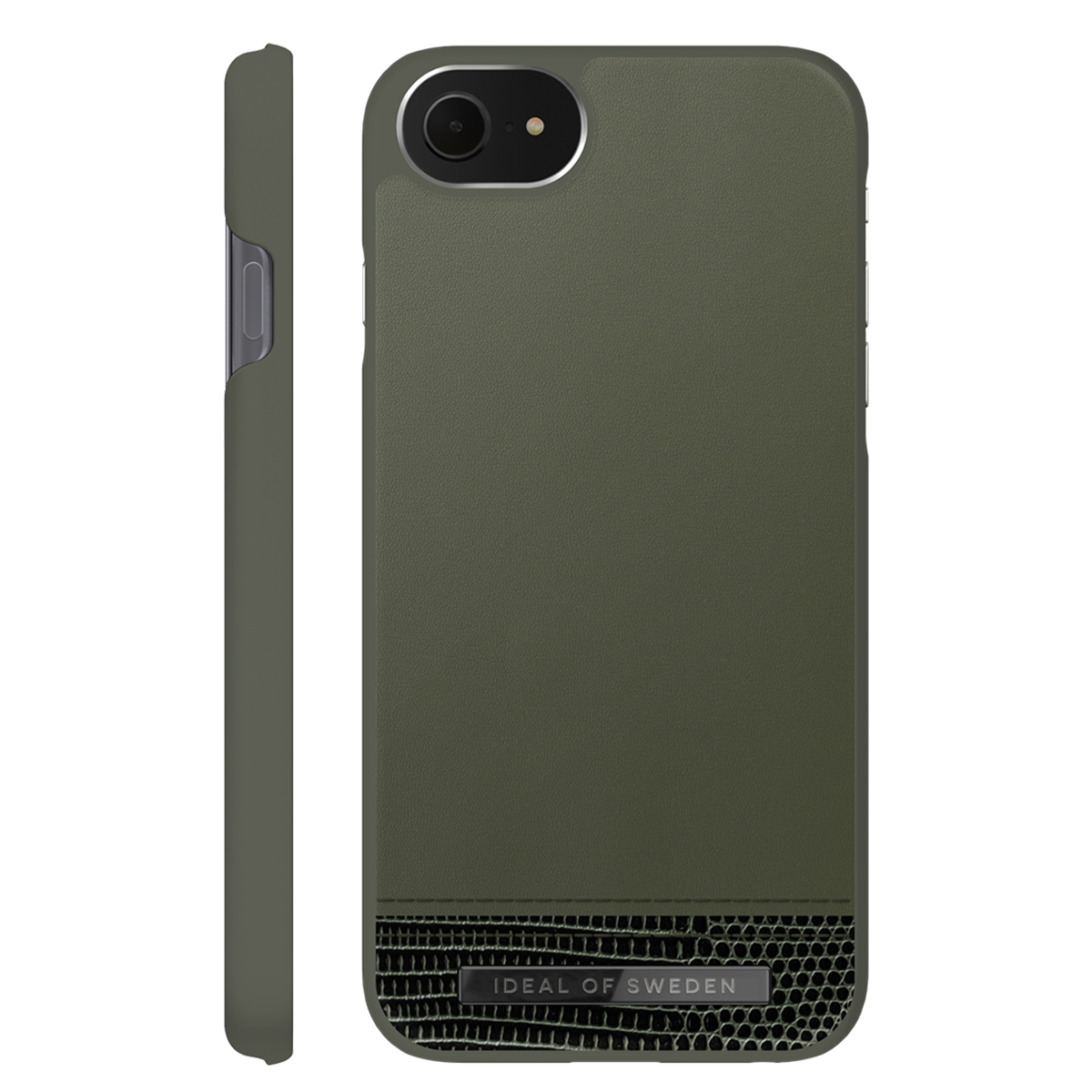 Custodia verde scuro per telefono con sensore fotocamera e dettaglio effetto pelle di serpente.