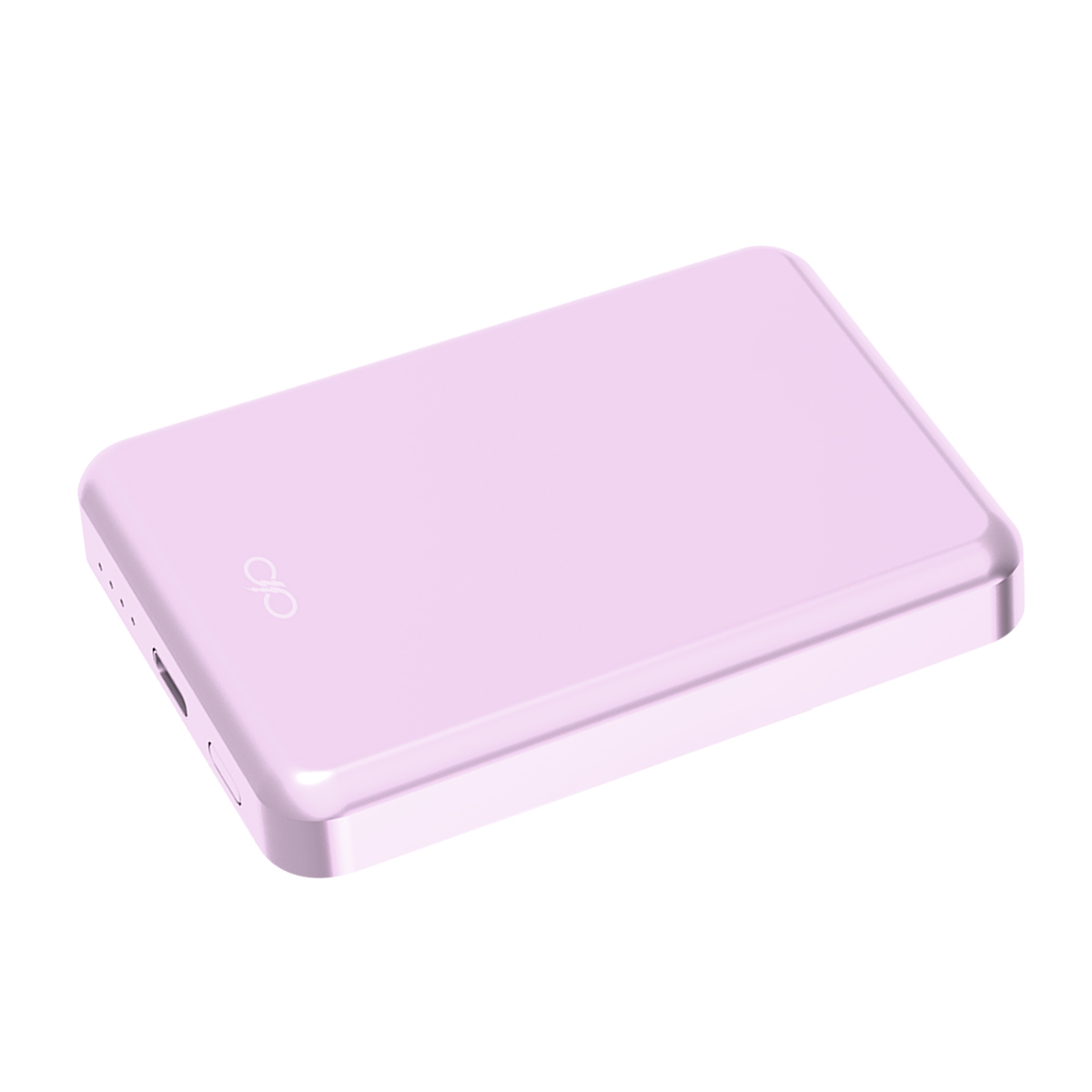 Ein hellrosa Powerbank mit einem Logo auf weißem Hintergrund.