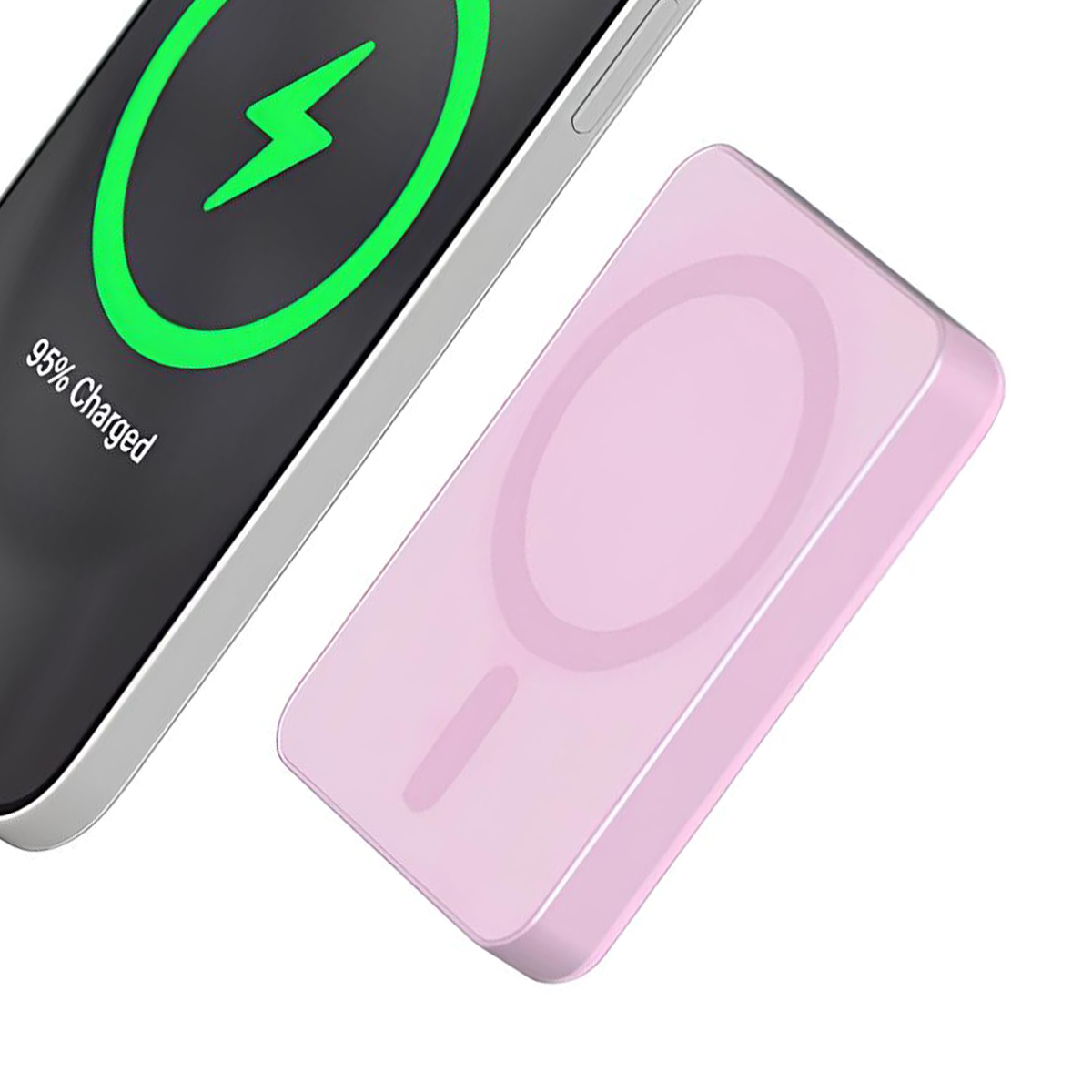 Ein rosafarbenes Ladegerät liegt neben einem Smartphone, das zu 95 % geladen ist.