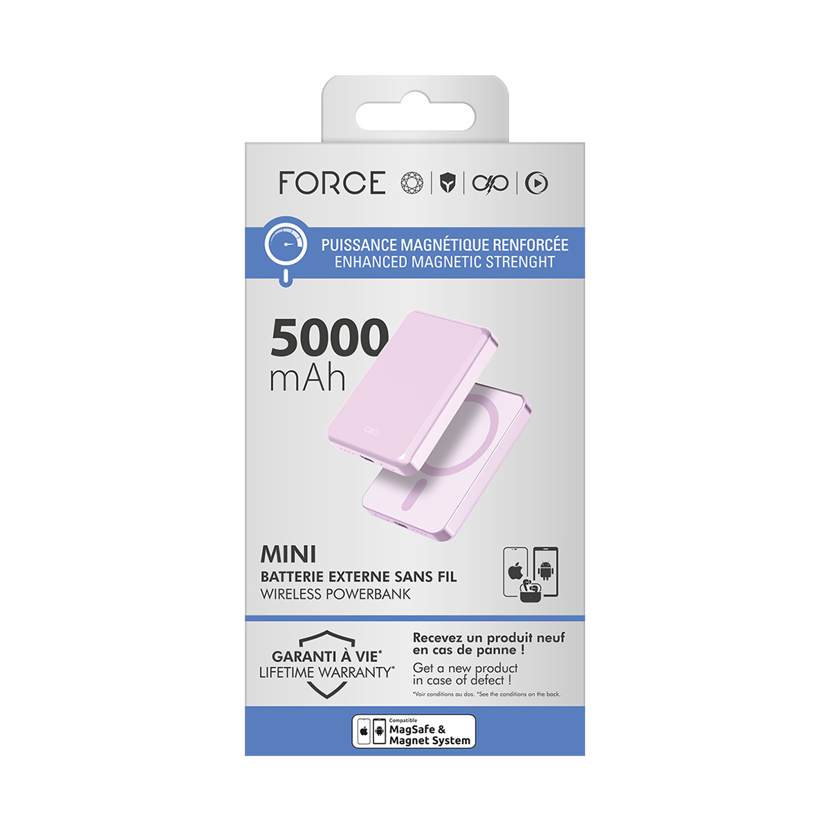 Verpackung einer rosafarbenen 5000-mAh-Powerbank mit MagSafe-Kompatibilität.