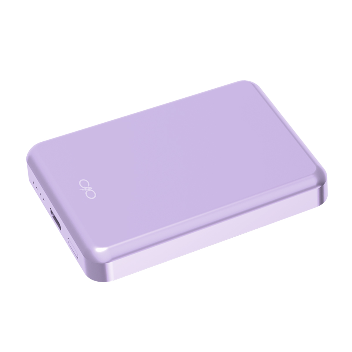 Ein lila Powerbank mit einem Logo auf weißem Hintergrund.