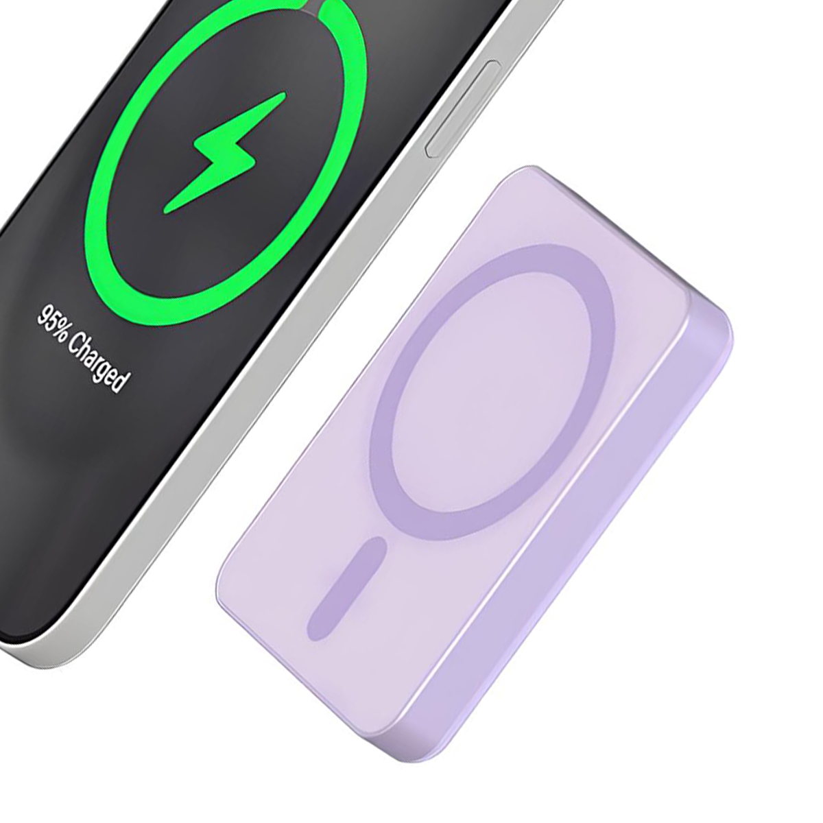 Ein Handy mit 95% Akku neben einem lila Ladegerät.