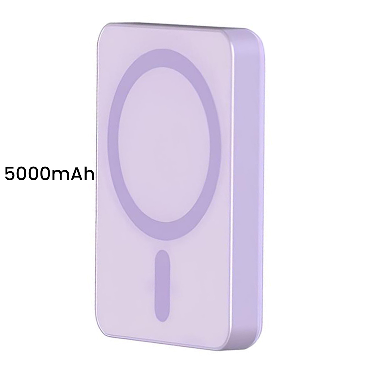 Lavendelfarbene Powerbank mit 5000 mAh, kreisförmigem Muster.