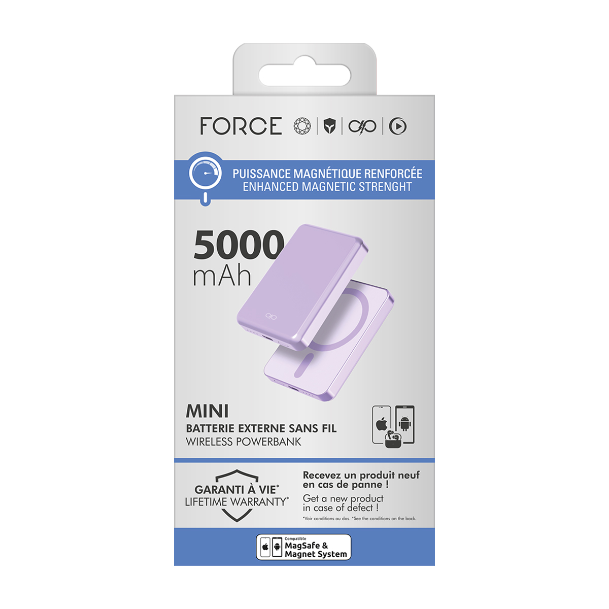 Verpackung eines lila MagSafe Powerbanks mit 5000 mAh und Lebenslanger Garantie.