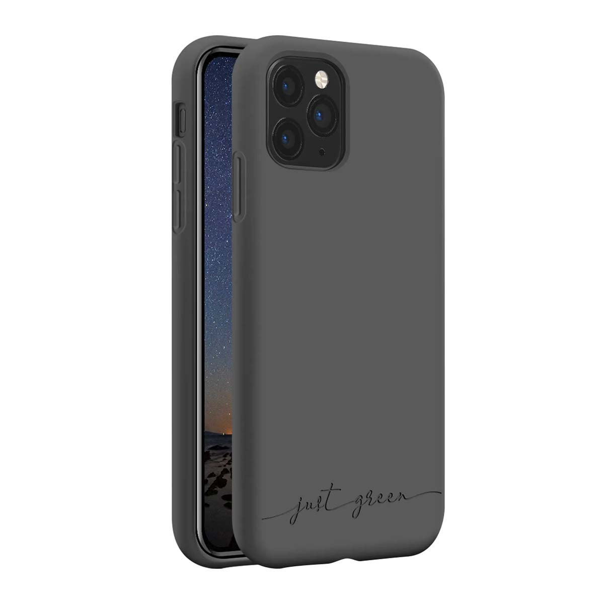 Custodia grigio scuro per telefono con ritaglio fotocamera e testo 'just green'.