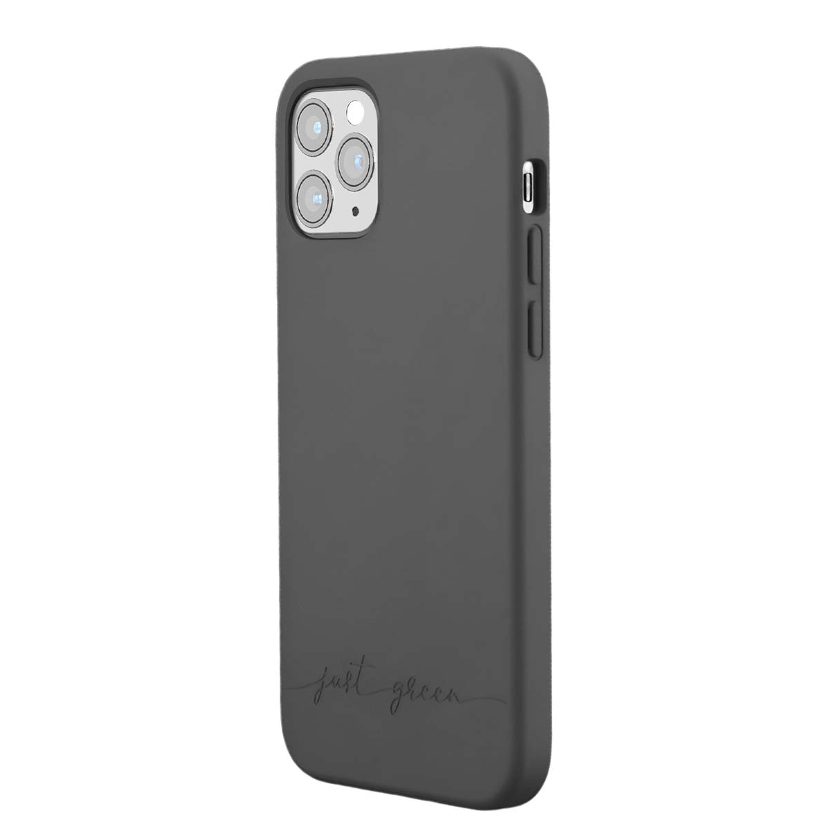 Custodia grigio scuro con tre obiettivi e scritta.
