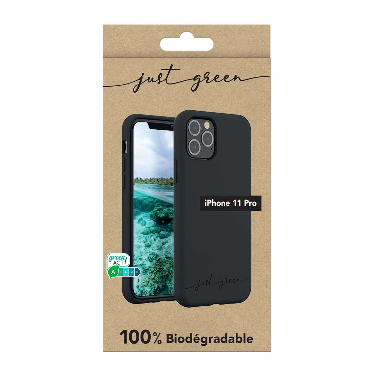 Custodia nera per iPhone 11 Pro su confezione ecologica con logo "just green".