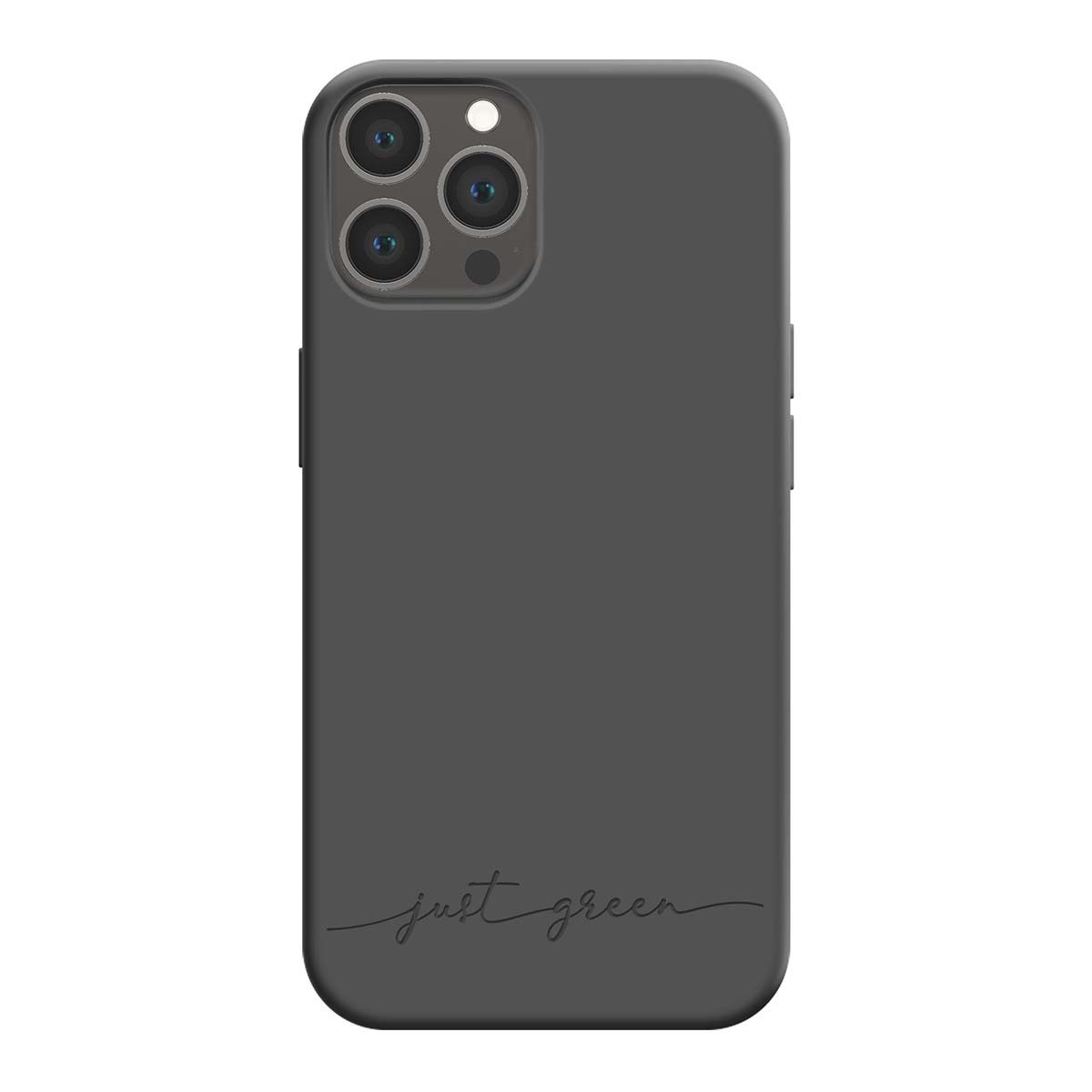 Custodia grigio scuro per telefono con tre fotocamere e testo.