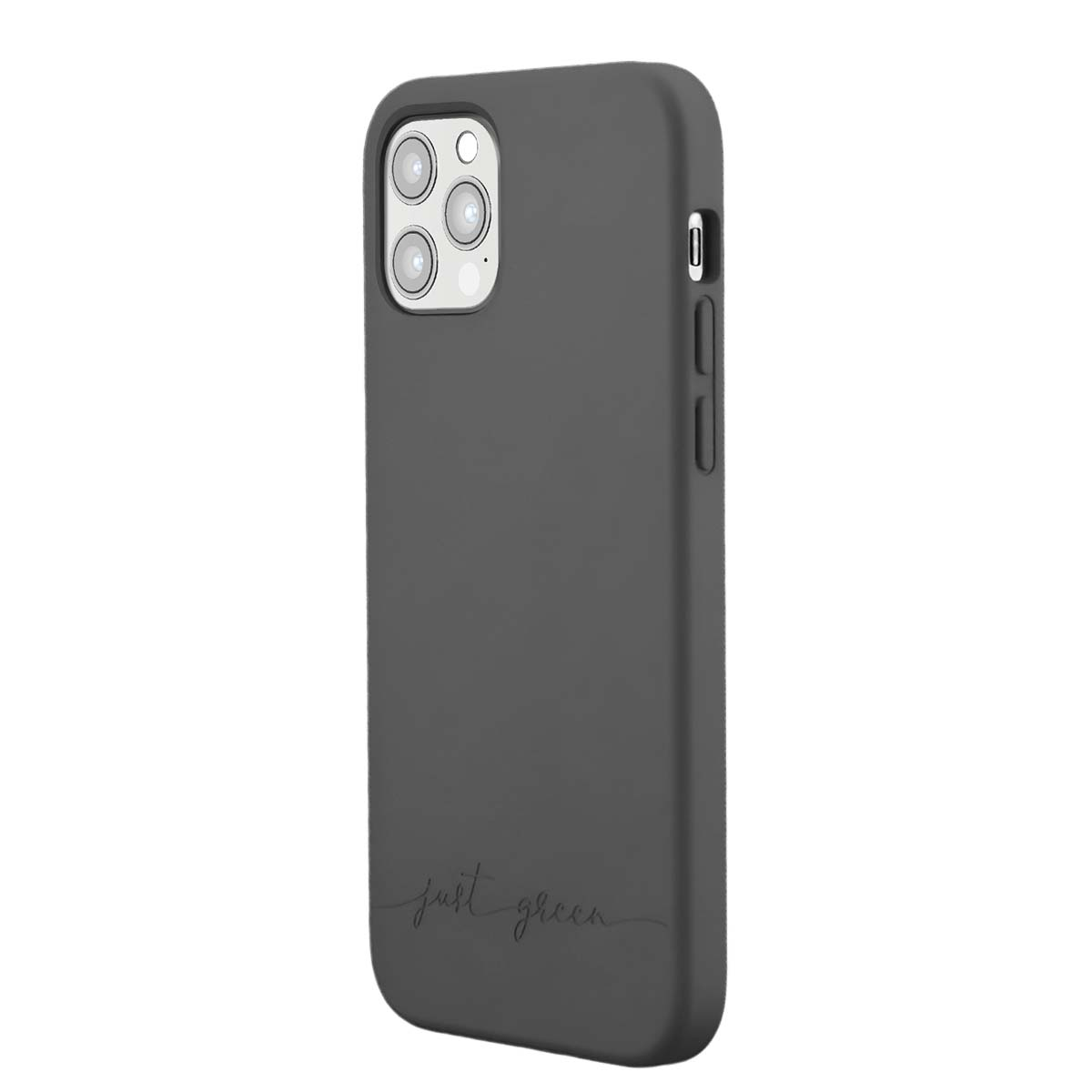 Custodia grigio scuro per telefono con tre fotocamere e scritta "just green".