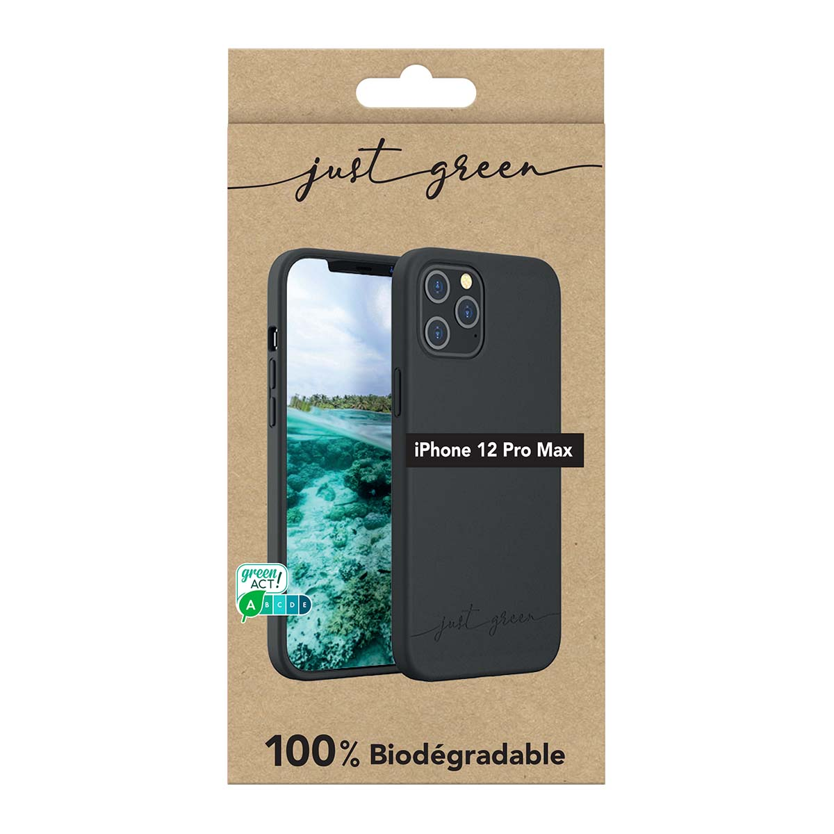 Custodia nera per iPhone 12 Pro Max su confezione marrone. 100% biodegradabile.