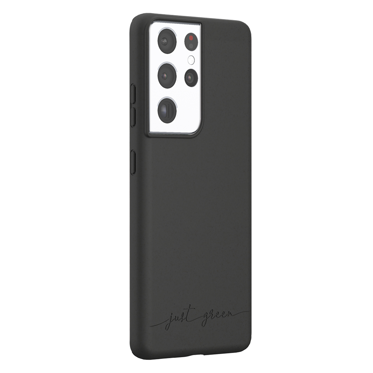 Custodia nera per telefono con ritaglio fotocamera e testo 'just green'.