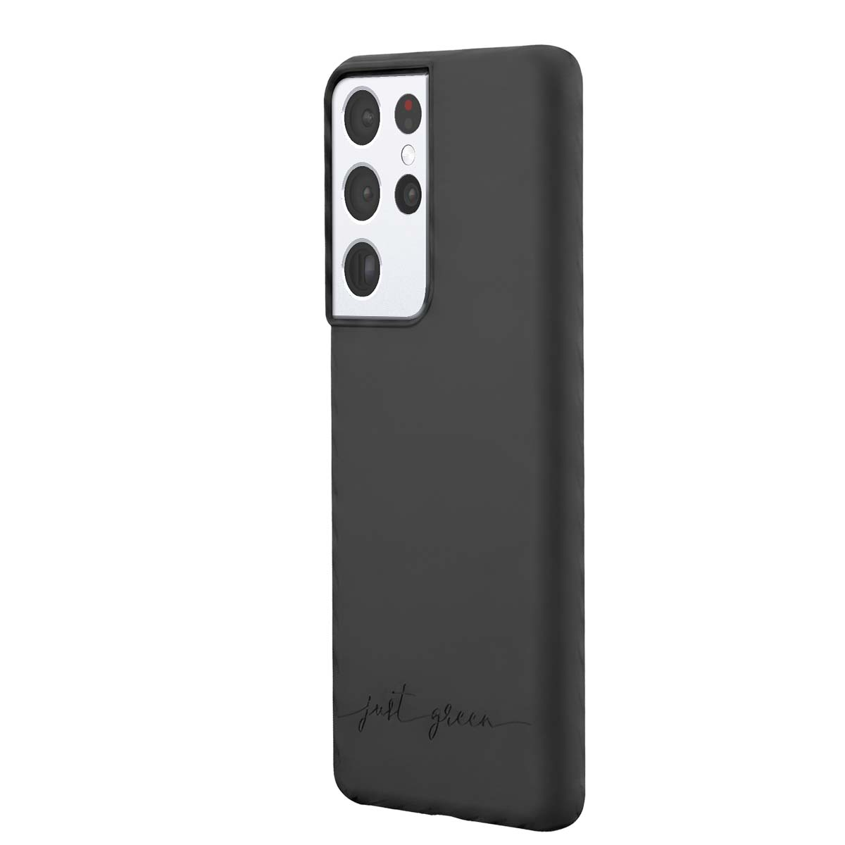 Custodia nera per telefono con array fotocamera e logo su sfondo bianco.