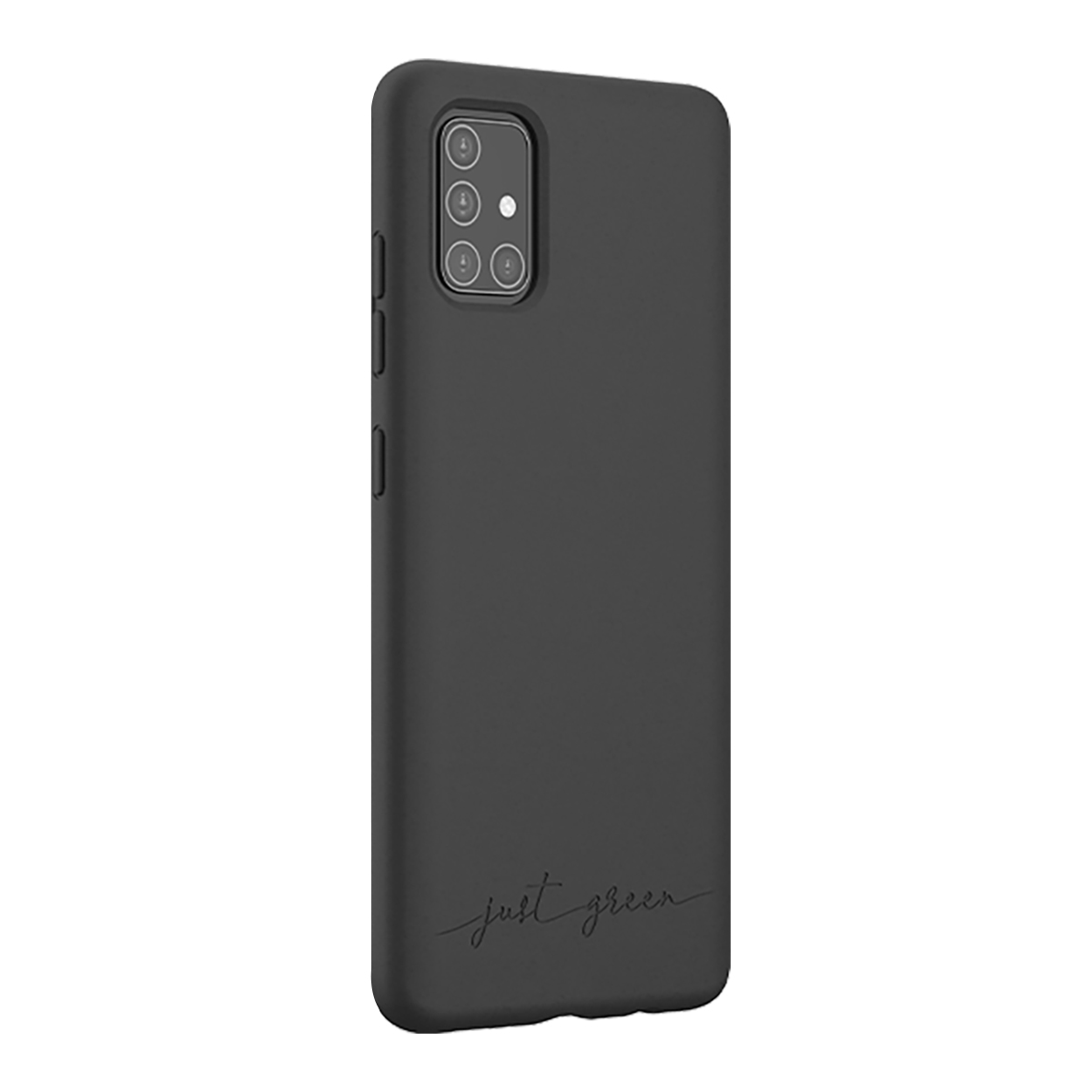 Cover nera per telefono con quattro fotocamere e scritta 'just green'.