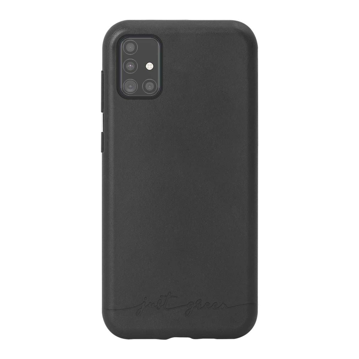 Custodia nera per telefono con ritaglio fotocamera e logo in rilievo.
