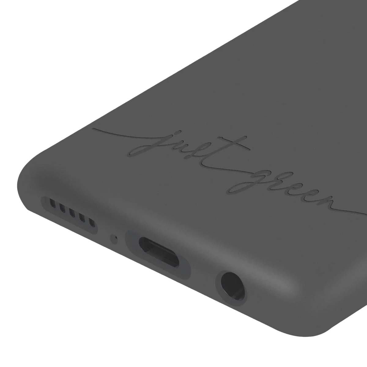Custodia grigia per telefono con scritta "just green" in rilievo e porte.