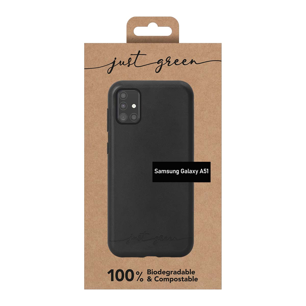 Custodia nera Samsung Galaxy A51 su confezione di cartone marrone con logo 'just green'.