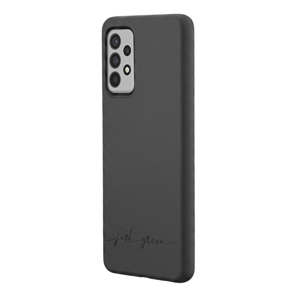 Custodia per telefono grigio scuro con fotocamera quadrupla e testo.