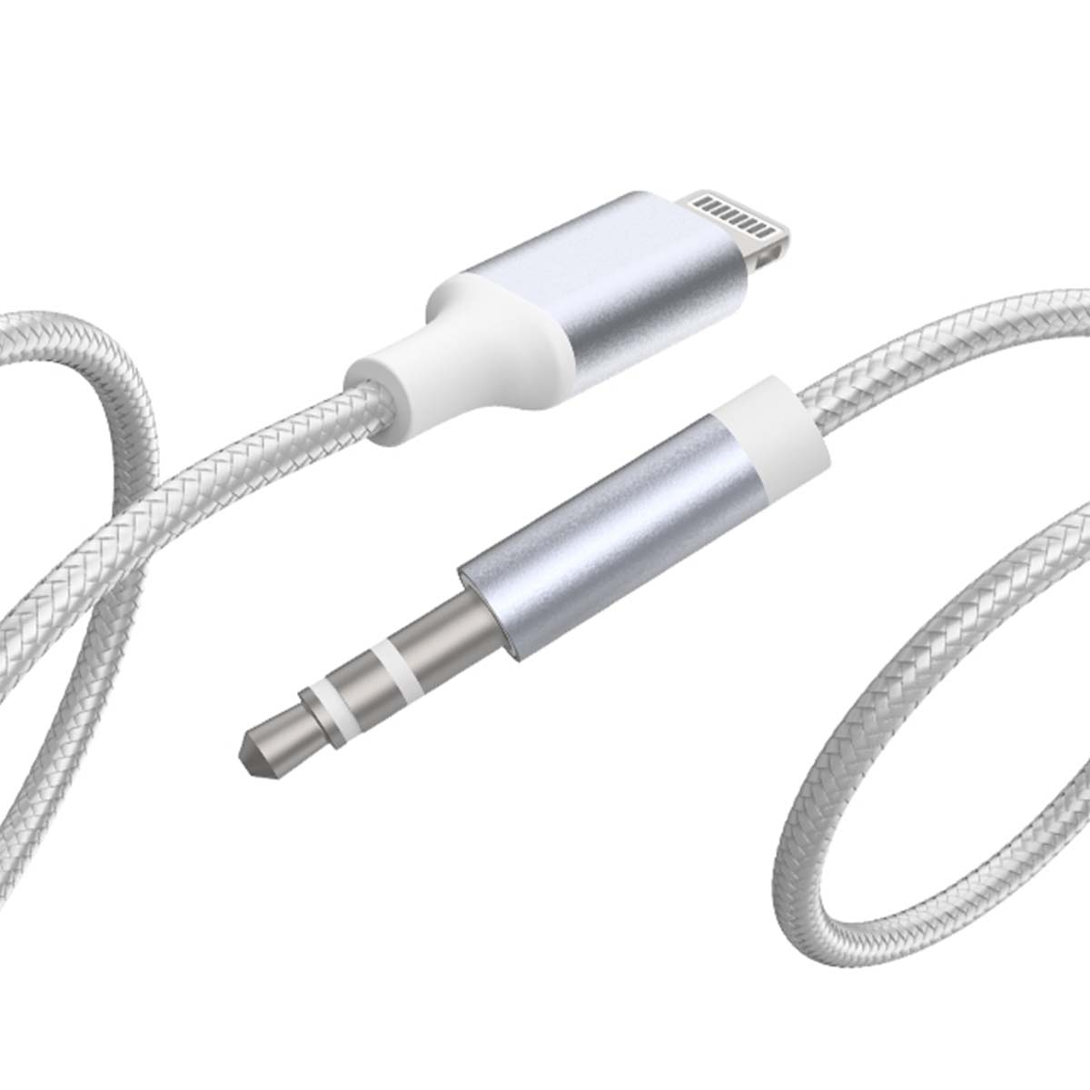 Un câble argenté avec un connecteur Lightning et un de 3,5 mm.