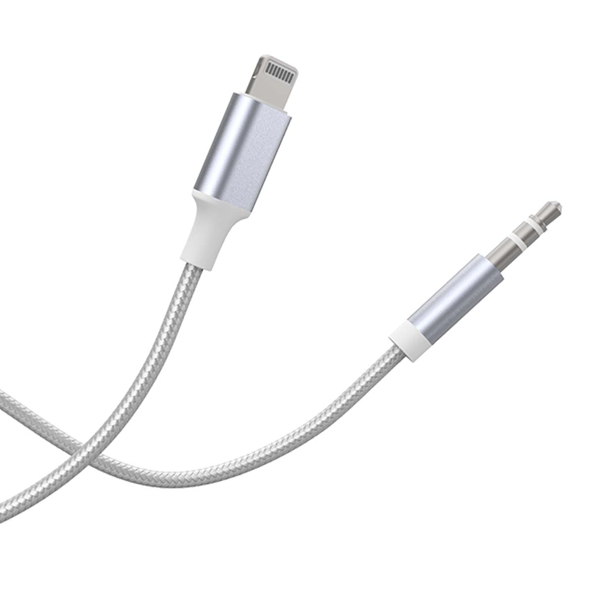 Câble argenté avec connecteurs Lightning et jack audio 3,5 mm.