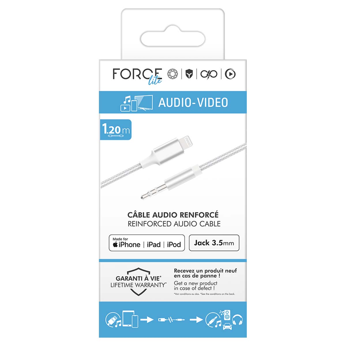Câble Force Lite 1,20m Lightning vers jack 3,5mm pour audio-vidéo.