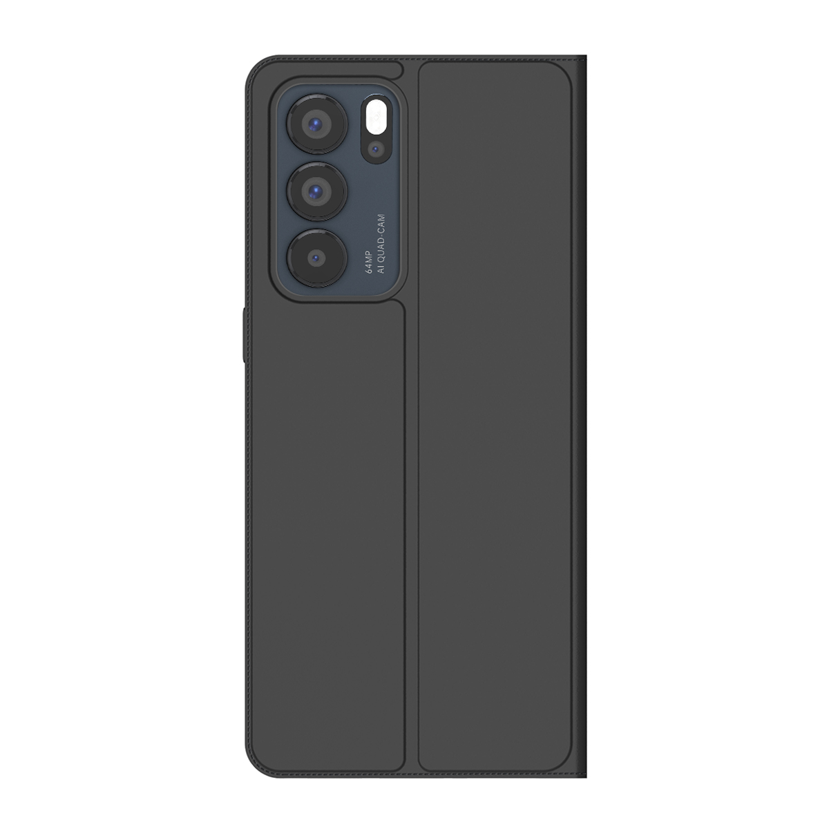 Custodia a libro nera per cellulare con tripla fotocamera e scritta 64MP.