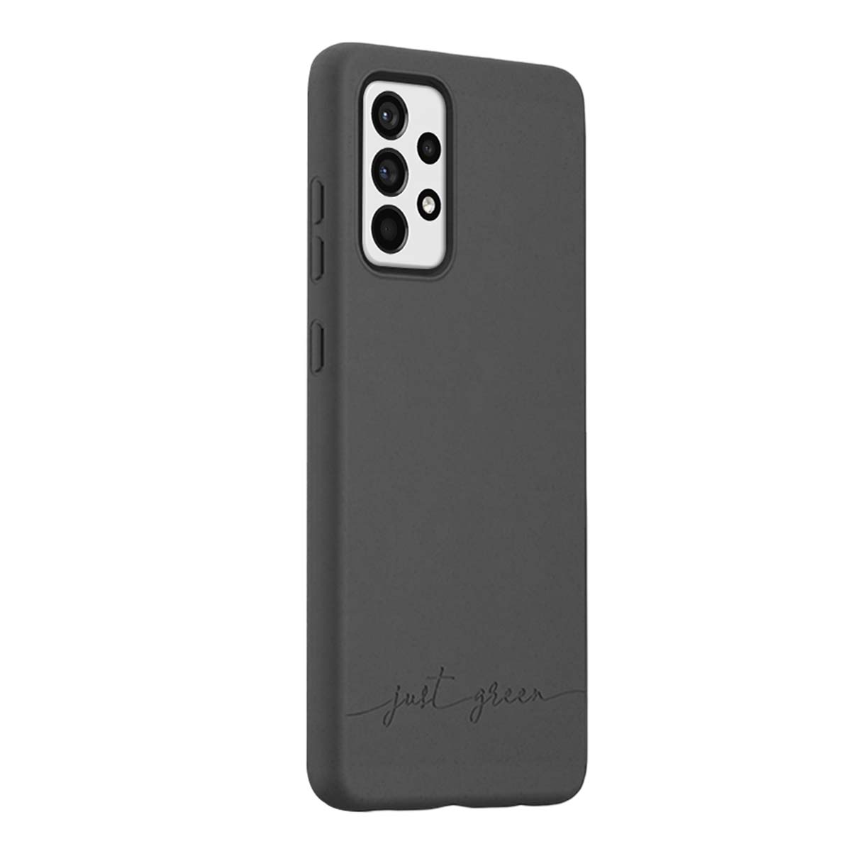 Custodia grigio scuro per telefono con ritaglio fotocamera e testo.