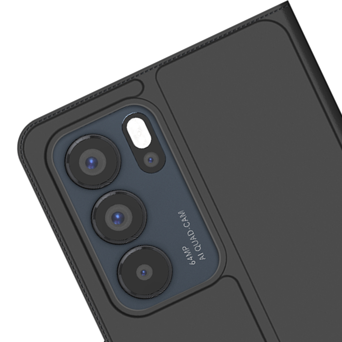 Custodia nera per telefono con impostazione quad camera e testo 64MP AI Quad-Cam.