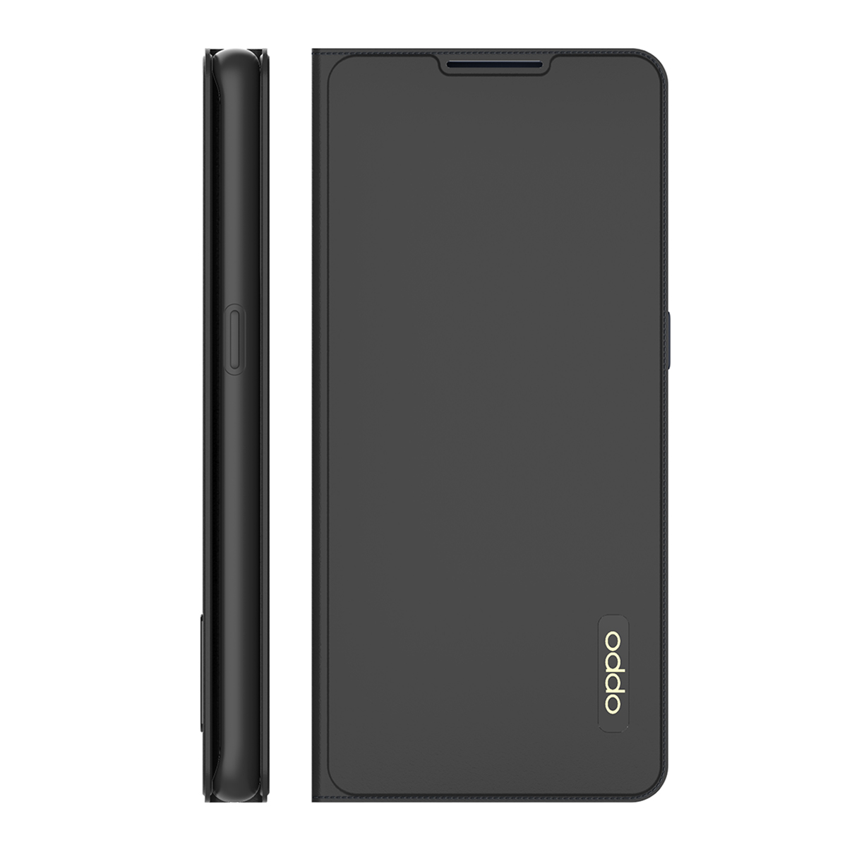 Custodia nera per telefono con logo OPPO, vista chiusa.