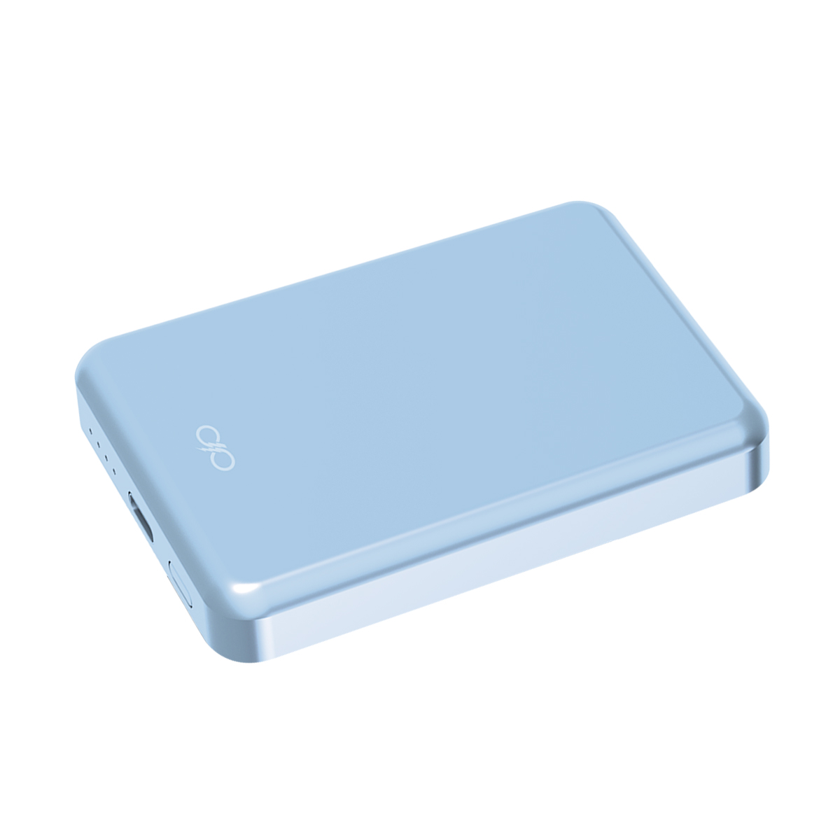 Une batterie externe rectangulaire bleu clair avec un bord argenté et un logo.
